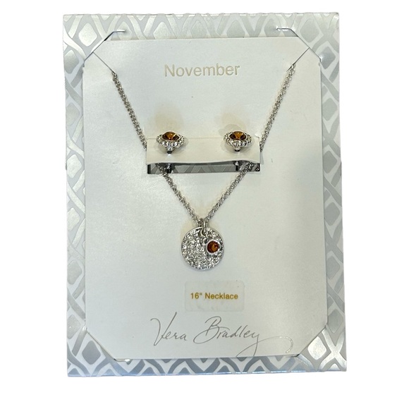Vera Bradley November Carded Necklace and Earrings in Silver Tone NWT - Picture 1 of 6